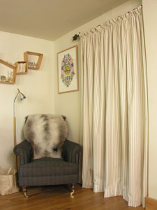 door curtain with pencil pleat heading, made in dove ticking